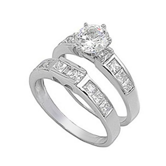 Sterling Silver Engagement Ring ( Sizes 4 5 6 7 8 9 10 11 12 ) Wedding Band Bridal Set Clear CZ Rings (Size 6)