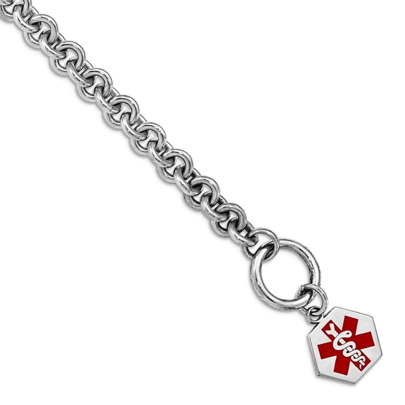 925 Sterling Silver Polished Engraveable Enamel Hexagon Medical ID Bracelet -7.75 Inch Toggle 16mm Wide Identification B