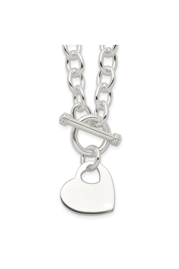 Sterling Silver Engraveable Heart Disc on Fancy Link Toggle Necklace QG1153