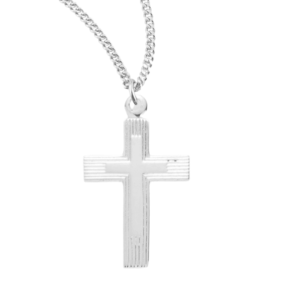 Sterling Silver Engraved Cross Pendant Necklace, 18" Rhodium Plated Stainless Steel Chain, Made in USA- Deluxe Velvet Gift Box Included
