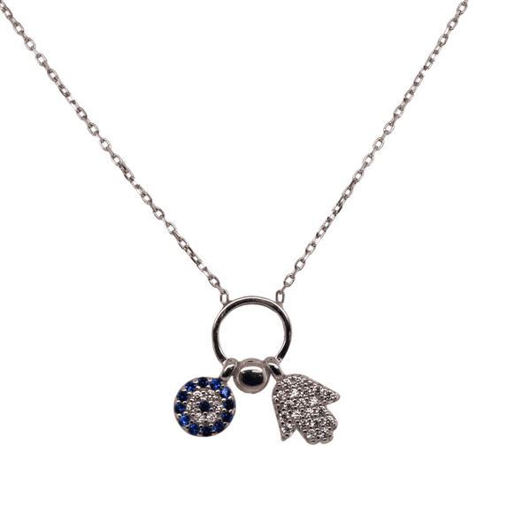 Sterling Silver Evil Eye & Hamsa Hand CZ Necklace