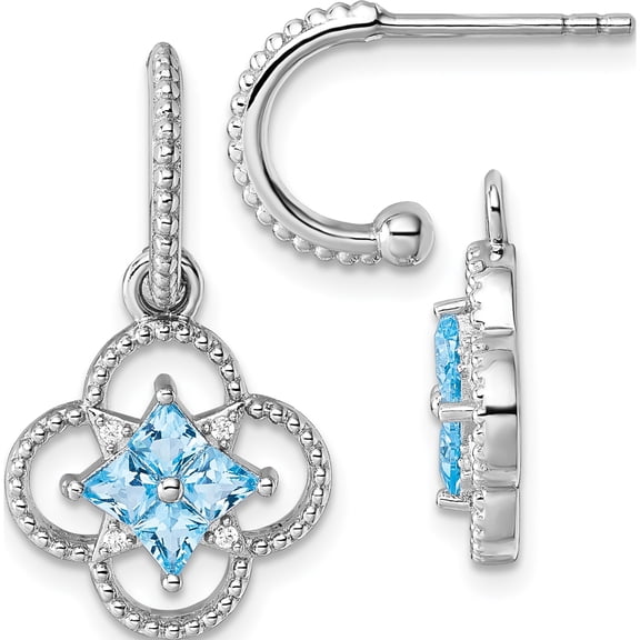Jewelry by Sweet Pea Sterling Silver Rhodium-plated Blue CZ Textured Removeable Clover J-Hoop Post Dangle Earrings