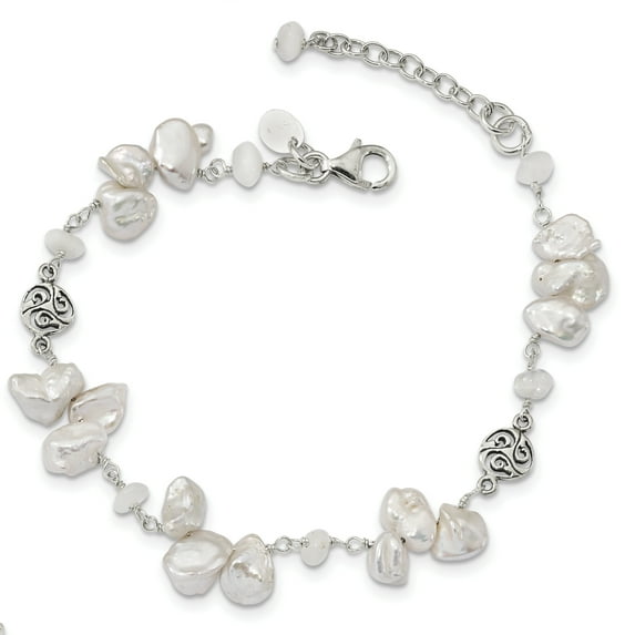 Sterling Silver FWC Keshi Pearl & Moonstone w/1in Ext. Fancy Bracelet (Weight: 6.56 Grams, Length: 7.5 Inches)