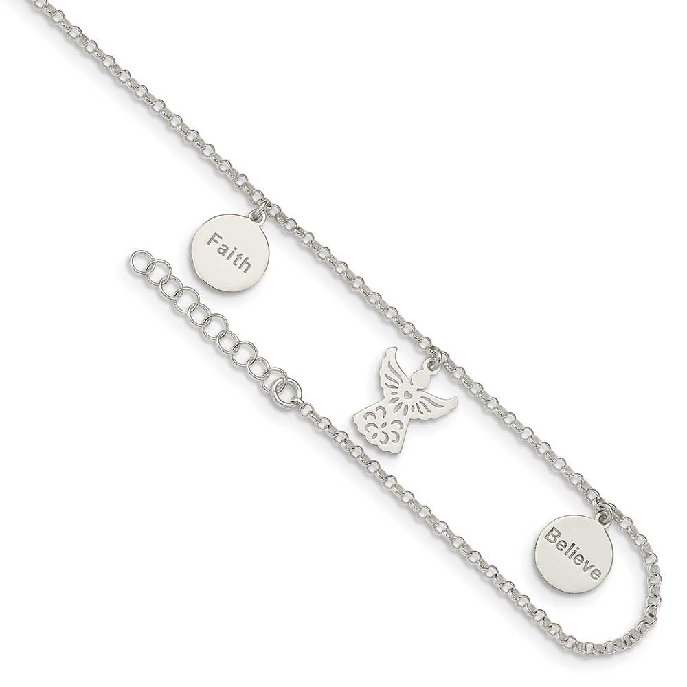Sterling Silver Faith, Believe and Angel Dangles 9in Plus 1in Ext. Anklet QG4736