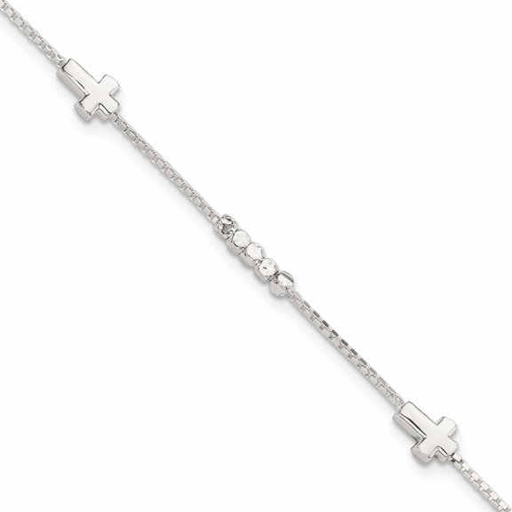 Sterling Silver Fancy Bead & Cross With 1In Ext Bracelet Made In Italy -Jewelry By Sweet Pea