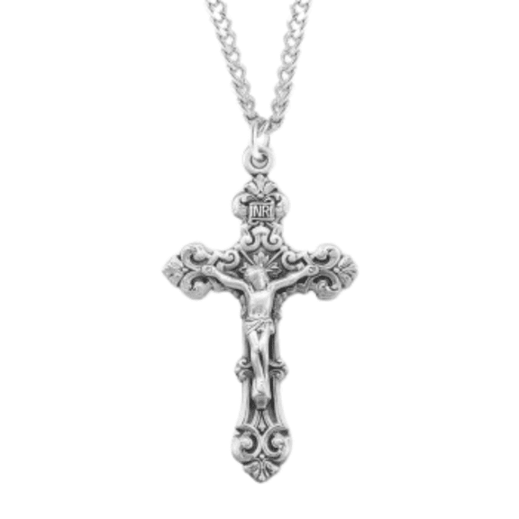 Sterling Silver Fancy Crucifix with Scrollwork, 24" Rhodium Plated Stainless Steel Chain Necklace, Made in USA- Deluxe Velvet Gift Box Included