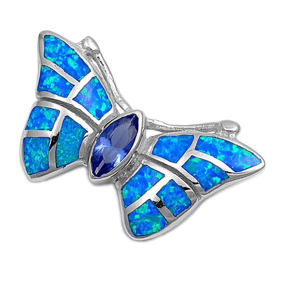 Sterling Silver Fancy Solitaire Butterfly Pendant Blue Simulated Opal Charm Jewelry Female Unisex