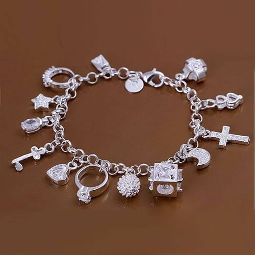 Silver Plated Fashion Bracelet with Thirteen Hanging Charms and Elegant Design Women's Alloy Base Bracelet 21 CM Length