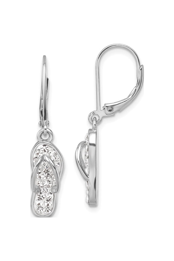Sterling Silver Rhodium-plated Polished White Crystal Flip Flop Dangle Leverback Earrings