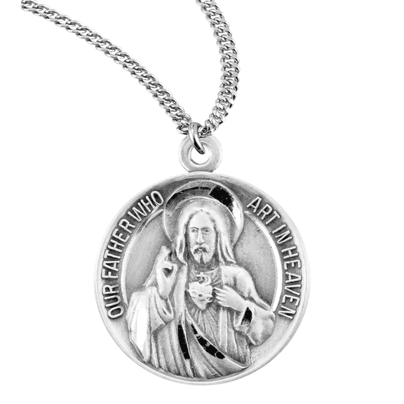 Sterling Silver Our Father and Hail Mary Round Medal, Double-Sided Design, 18" Rhodium Plated Stainless Steel Chain, Made in USA - Deluxe Velvet Gift Box