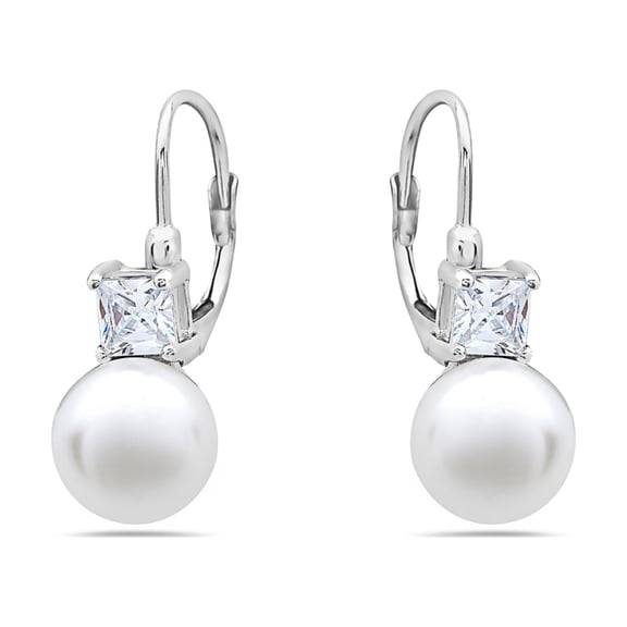 Sterling Silver Faux Pearl CZ Bridal Earring Lever Back