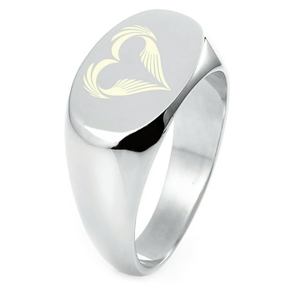Sterling Silver Feather Heart Engraved Oval Flat Top Polished Ring