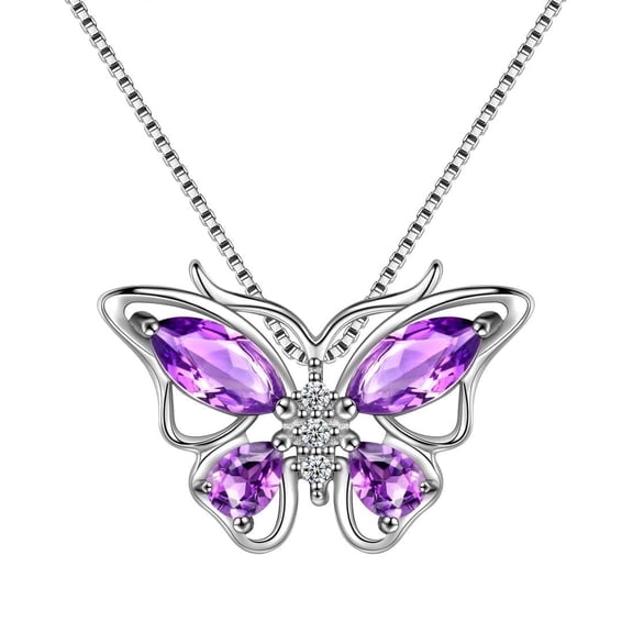 Juwaliy February Birthstone Necklace Amethyst Purple Butterfly Necklace 925 Sterling Silver Pendant Jewelry Valentine's Day Gift for Women Wife Mother