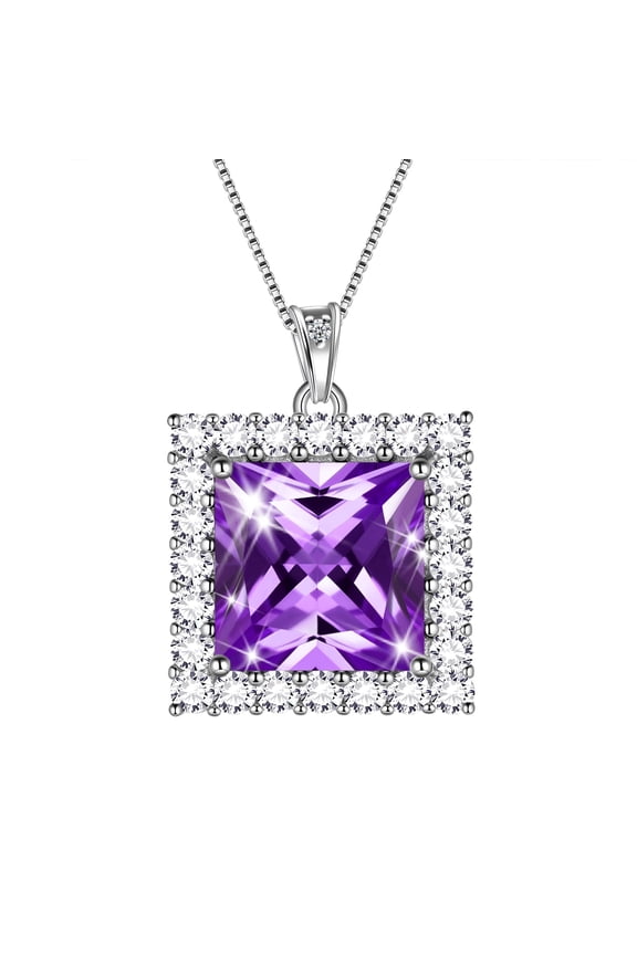 6 Carat February Birthstone Necklace Amethyst Pendant Princess Cut Purple 925 Sterling Silver Jewelry Women Mom Birthday Valentine's Day Gifts Juwaliy
