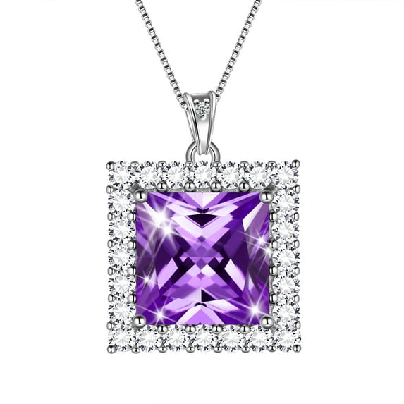 6 Carat February Birthstone Necklace Amethyst Pendant Princess Cut Purple 925 Sterling Silver Jewelry Women Mom Birthday Valentine's Day Gifts Juwaliy