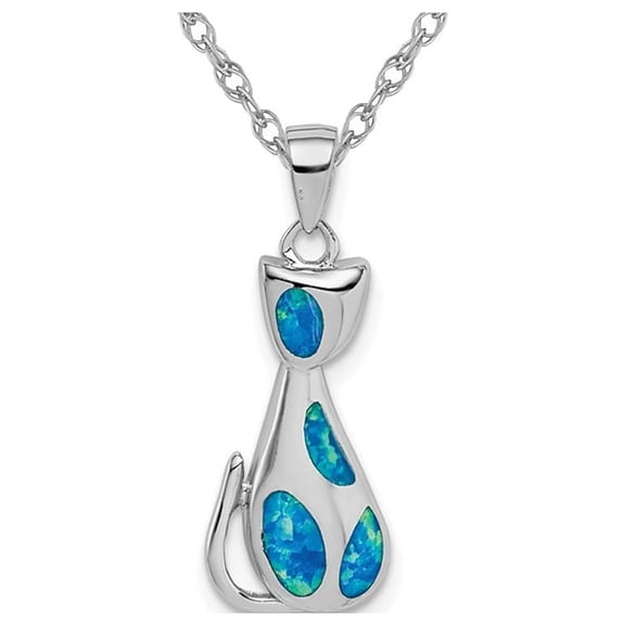 Sterling Silver Feline Cat Pendant Necklace with Chain and Lab-Created Opals for Women