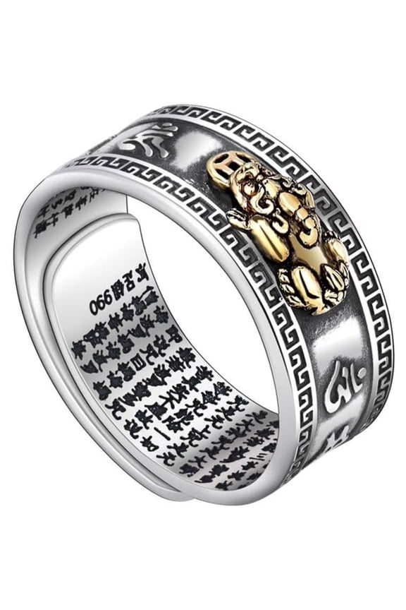 Sterling Silver Feng Shui Pixiu Ring - Adjustable Buddhist Good Luck Amulet for Men & Women, Wealth & Protection Fortune Jewelry