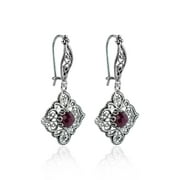 Sterling Silver Filigree Art Ruby Corundum Gemstone Women Dangle Earrings
