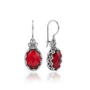 Sterling Silver Filigree Art Ruby Quartz Gemstone Crown Oval Drop Earrings