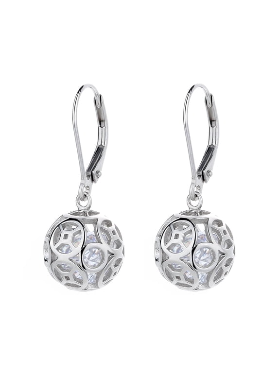 14K White Gold Plated Filigree Ball Leverback Drop Earrings