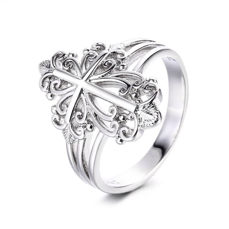 14K White Gold Plated Filigree Cross Ring