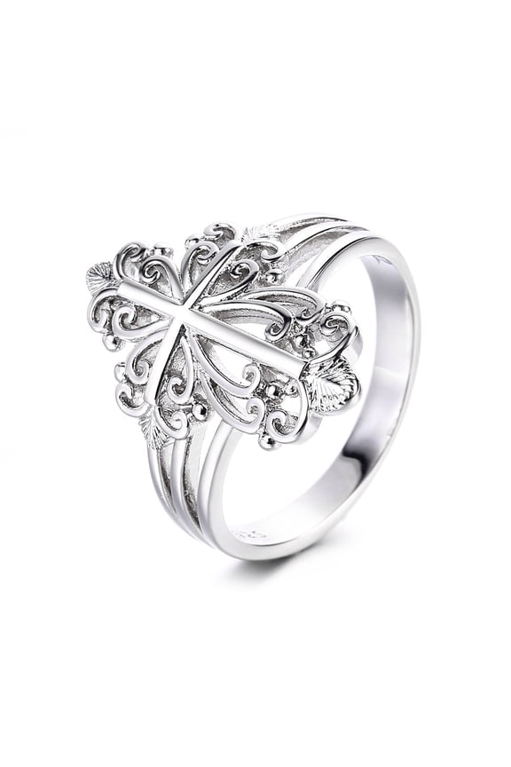 14K White Gold Plated Filigree Cross Ring