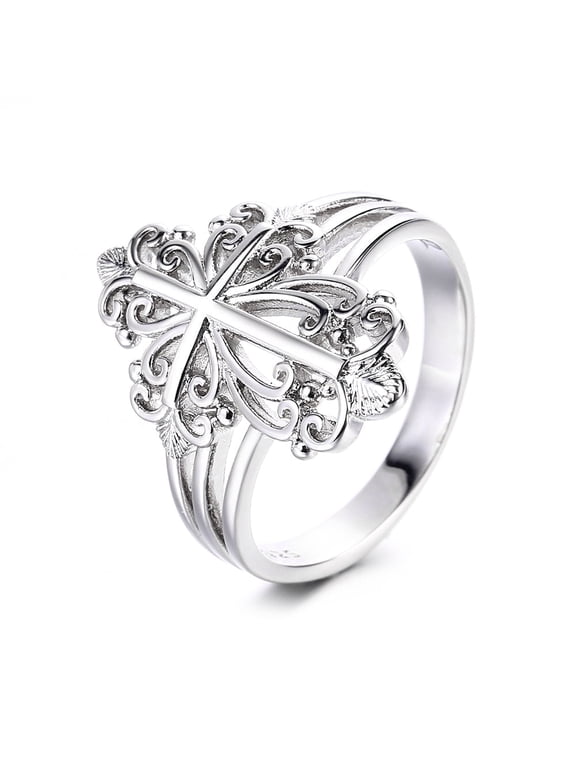 14K White Gold Plated Filigree Cross Ring