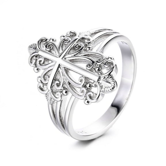 14K White Gold Plated  Filigree Cross Ring