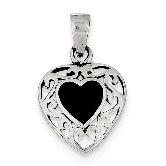Sterling Silver Filigree Frame Onyx Heart Antiqued Pendant (18 X 14) Made In Thailand qp2830