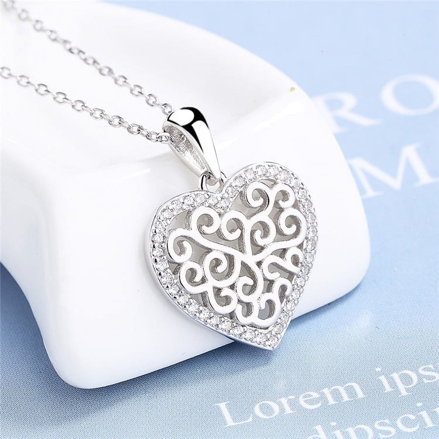 Sterling Silver Filigree Heart Pendant Necklace with crystals from