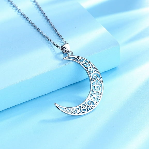 Amy and Annette Sterling Silver Filigree Moon Pendant Necklace, 18 in Cable Chain