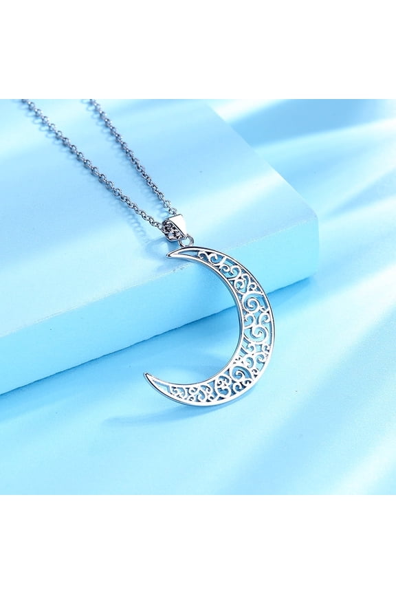 Sterling Silver Filigree Moon Pendant Necklace, 18 in Cable Chain