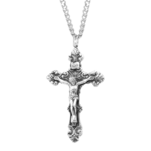 Sterling Silver Filigree Scroll Relief Design Crucifix Necklace, 24" Rhodium Plated Stainless Steel Chain, Made in USA- Deluxe Velvet Gift Box Included