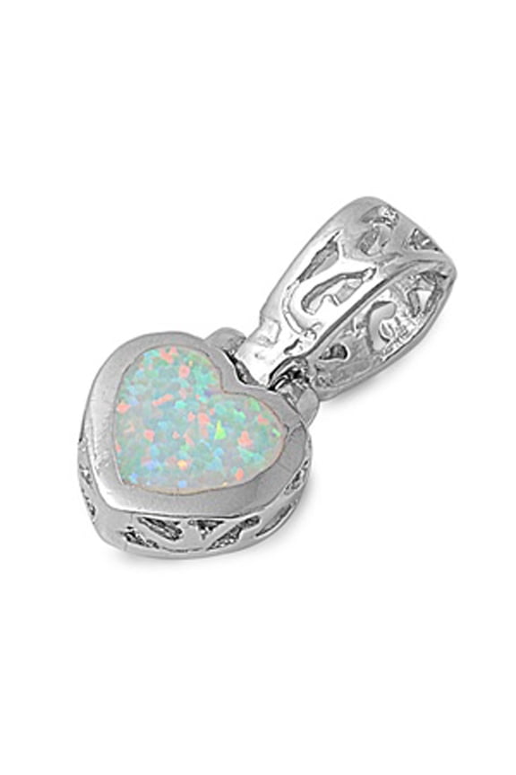 Sterling Silver Filigree Swirl Hinge Heart Pendant White Simulated Opal Charm Jewelry Female Unisex