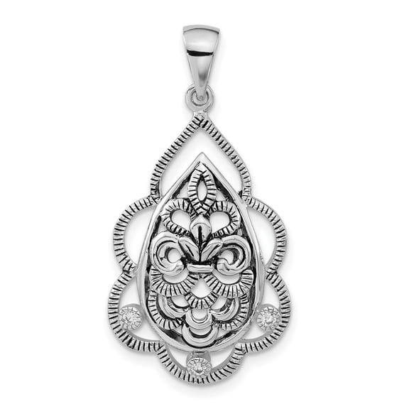 Sterling Silver Filigree Teardrop Pendant for Women with Fleur de Lis, Round Accents, Vintage Gothic Christian Style, Ornamental Floral Design