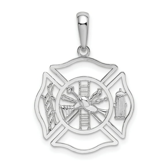 Sterling Silver Firefighter Pendant Necklace, Maltese Cross with Ladder Helmet and Hydrant Symbols, Unisex Memorial Jewelry for Men, Fireman Tribute or First Responder Honor Charm