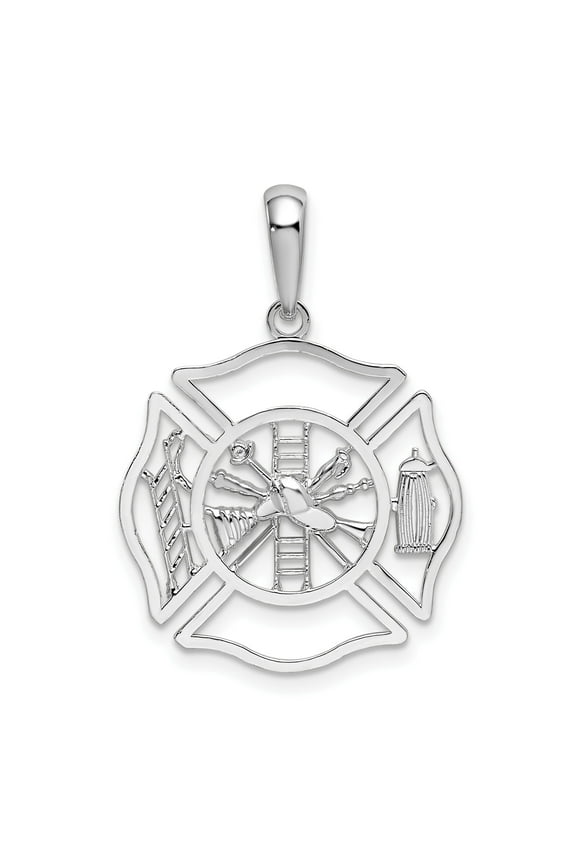 Sterling Silver Firefighter Pendant Necklace, Maltese Cross with Ladder Helmet and Hydrant Symbols, Unisex Memorial Jewelry for Men, Fireman Tribute or First Responder Honor Charm