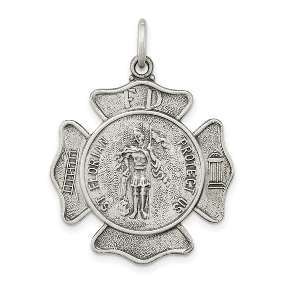 Sterling Silver Firefighter Pendant Necklace for Men, Maltese Cross Medal with St Florian Protect Us Inscription, Religious Symbol of Bravery and Faith with Ladder and Hydrant Icons