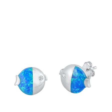 Sterling Silver Fish Animal Ocean Swim Earrings Blue Simulated Opal 925 Jewelry Female Unisex