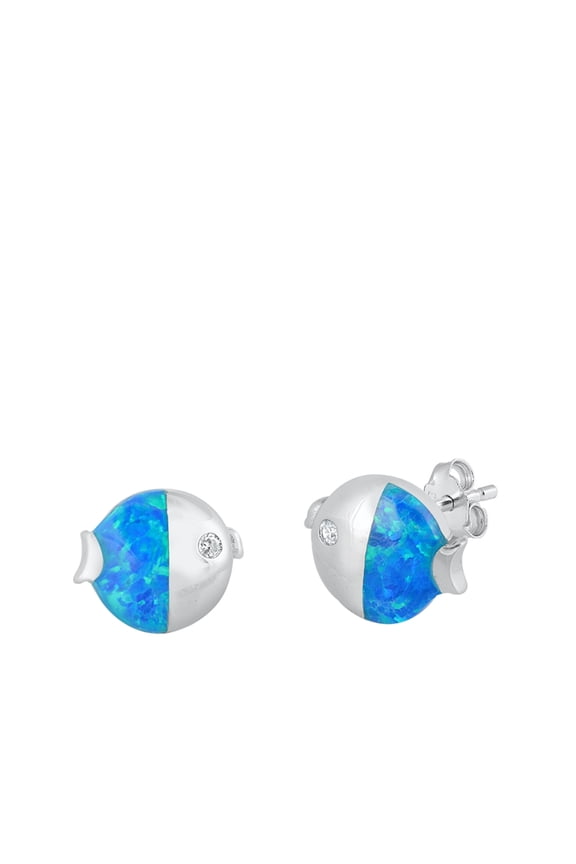 Sterling Silver Fish Animal Ocean Swim Earrings Blue Simulated Opal 925 Jewelry Female Unisex