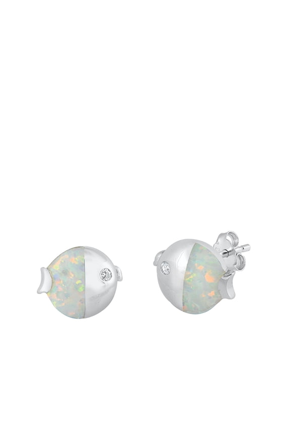 Sterling Silver Fish Animal Ocean Swim Earrings White Simulated Opal 925 Jewelry Female Unisex