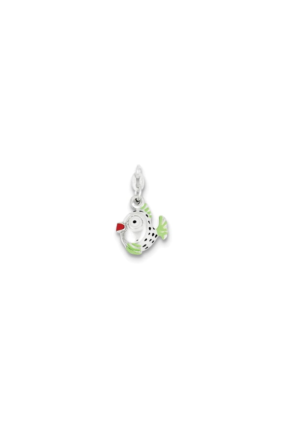 Sterling Silver Fish Charm with Green Fins and Red Mouth for Bracelet or Necklace, Whimsical Sea Animal Jewelry for Women, Fun Ocean Pendant with Black Spots for Aquatic Theme