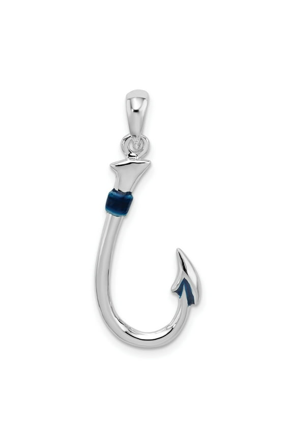 Sterling Silver Fish Hook Pendant Necklace for Men or Unisex with Blue Enamel, Nautical Hawaiian Jewelry Symbolizing Strength and Prosperity