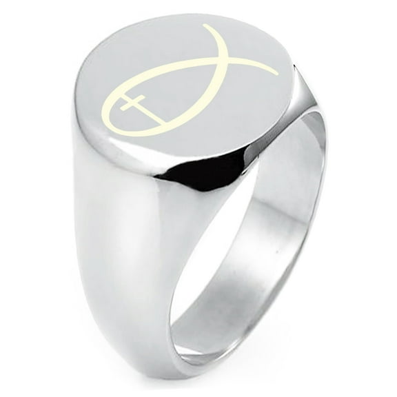 Sterling Silver Fish With Jesus Ichthus Cross Engraved Round Flat Top Polished Ring