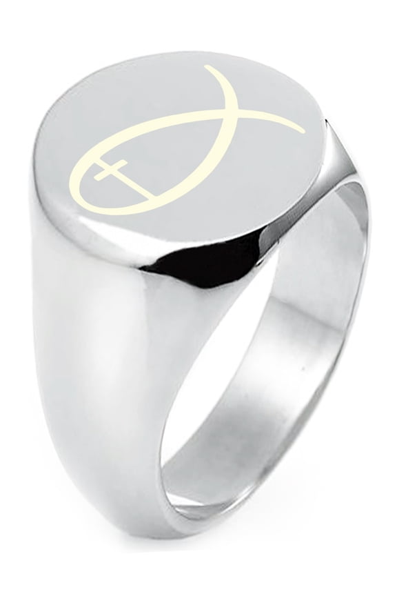 Sterling Silver Fish With Jesus Ichthus Cross Engraved Round Flat Top Polished Ring