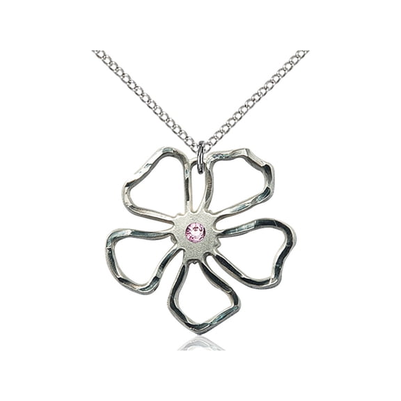 Sterling Silver Five Pedal Flower Pendant w/ 3mm Light February Purple Swarovski Crystal 1 x 1 inches w/ 18 inch Curb Chain