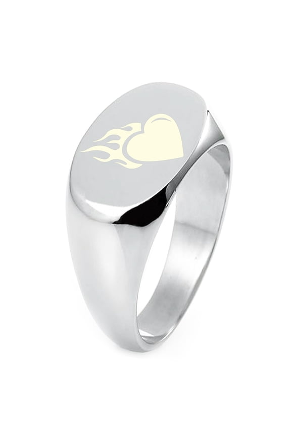 Sterling Silver Flaming Heart Engraved Oval Flat Top Polished Ring