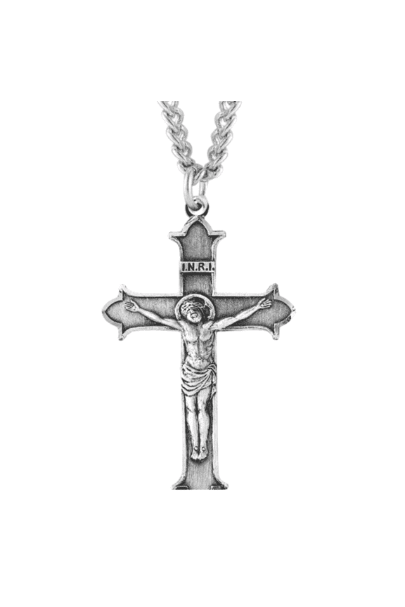 Sterling Silver Flare Tipped Crucifix Pendant Necklace – 1.9" x 1.2" Die-Struck Medal – 24" Endless Rhodium Plated Stainless Steel Chain – Made in USA – Deluxe Velvet Gift Box
