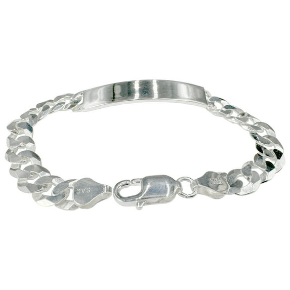 Sterling Silver Flat Diamond-Cut Curb ID Bracelet Chain 8.8mm Solid 925 Italy 10" Jewelry Female