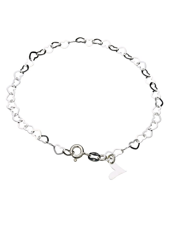Sterling Silver Flat Heart Link Charm Anklet Nickel Free Chain Italy Adjustable, 9.5"
